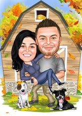 Par tema131 (2 personer + 2 hunde) - karikaturtegning efter dine fotos - Just Karikatur